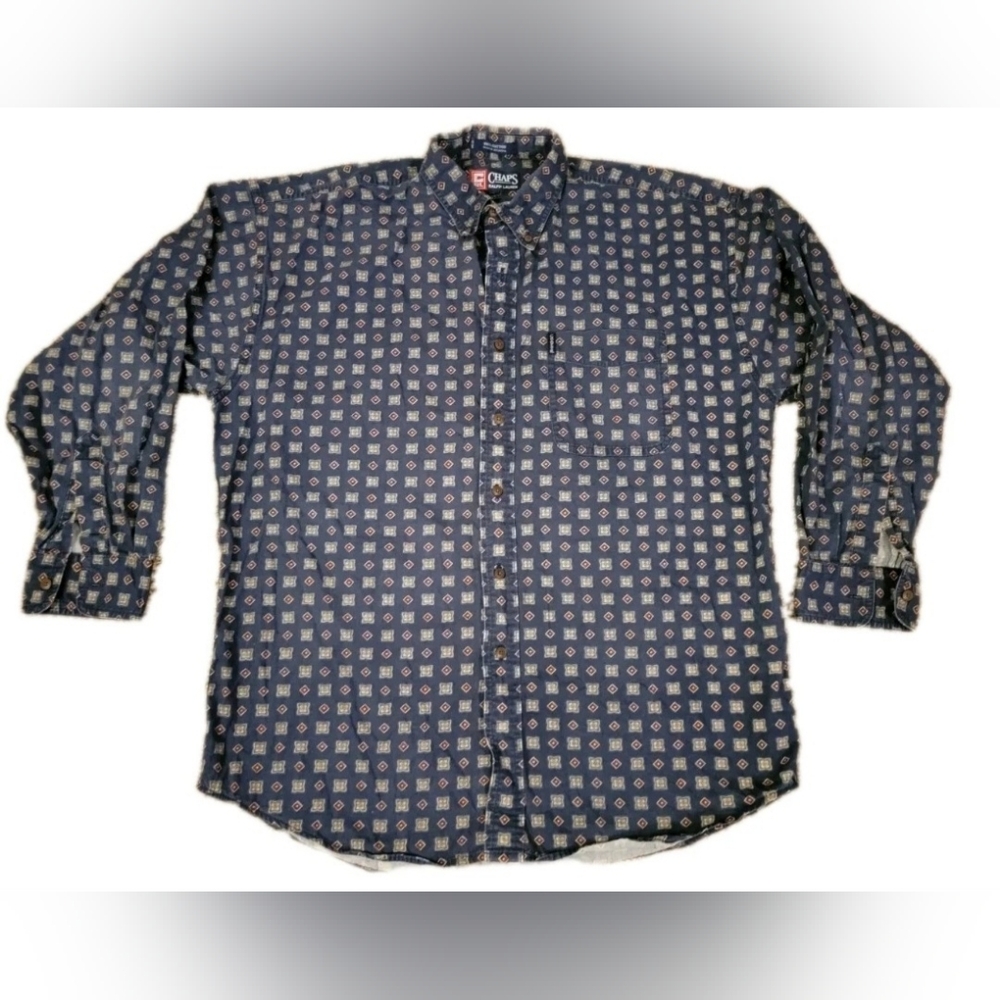 Chaps Ralph Lauren Men's Blue Patterned Botton Down Vintage Shirt Size Large